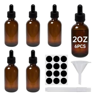 Imagem de REUJIHXY 6 frascos conta-gotas âmbar de 60 ml, frascos de tintura com conta-gotas de vidro, para óleos essenciais, aromaterapia, cosméticos, laboratório, farmácia, líquidos, viagens (6)