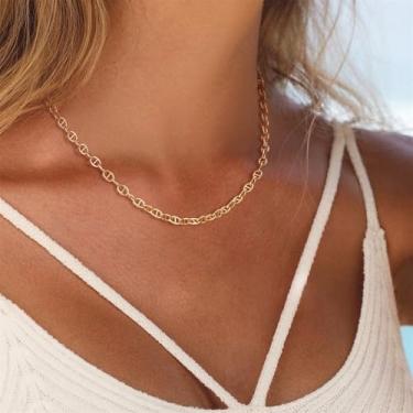 Imagem de Colar feminino delicado banhado a ouro 14 k corrente de elos minimalistas, Medium, Latão, Sem Pedra Preciosa