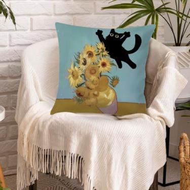 Imagem de Capa de almofada engraçada de gato preto vintage Van Gogh Girassol gato fronha para casa quarto sala de estar banheiro decoração de dormitório bonito animal quarto arte estética decorativa fronha 45 x