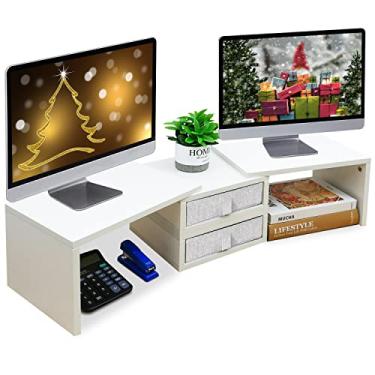 Imagem de TEAMIX Suporte para monitor duplo com 2 gavetas – Suporte branco ajustável de comprimento e ângulo com suporte de armazenamento para computador grande para 2 monitores/laptop/PC, tela de