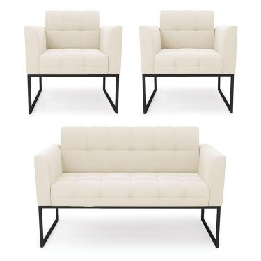 Imagem de Kit 1 Sofá Namoradeira E 2 Poltronas Elisa Veludo Bege Base Metálica Industrial Preto - D'rossi