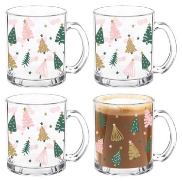Imagem de Whaline 4 peças de canecas de café de vidro de Natal com alça rosa verde xícaras de café de árvore de Natal canecas de bebidas para bebidas quentes e frias em casa festa de férias de inverno
