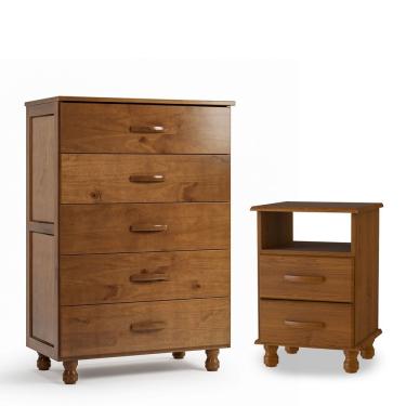 Imagem de Kit Cômoda 5 Gavetas E Mesa De Cabeceira 100% Madeira Maciça Imbuia Fosco