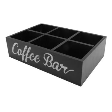 Imagem de Asixxsix Organizador de estação de café para bancada, 6 compartimentos, em madeira, para acessórios de bar de café e chá, cesto organizador decorativo, 29,7 x 20,3 x 8,1 cm (BLACK)