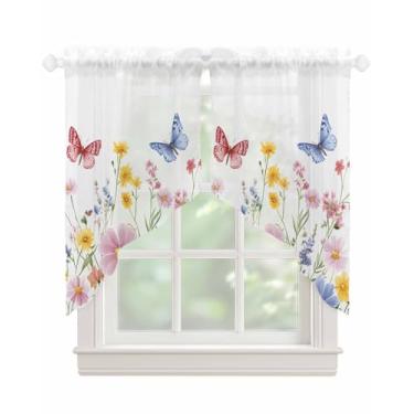 Imagem de Cortinas de saia semitransparentes de flores silvestres rosa azul amarelo para janelas cortina de flores silvestres semitransparentes aquarela planta voile swags topper cortina para cozinha, sala de