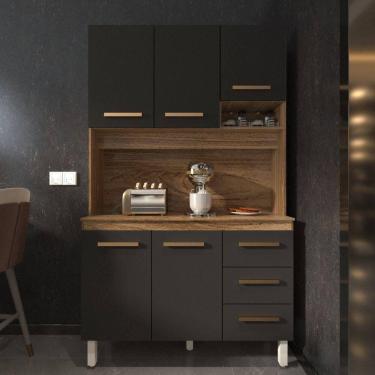 Imagem de Cozinha Compacta Vivian 120cm 5 Portas 3 Gavetas Armário Aéreo E Balcão Savana Preto