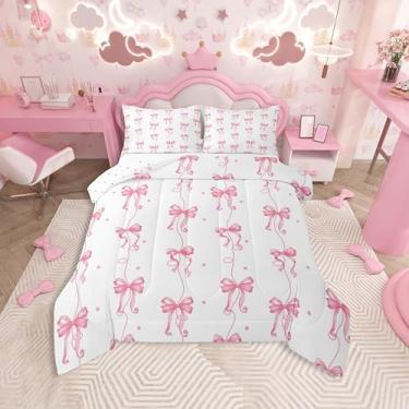 Imagem de Feelyou Conjunto de edredom com laço fofo para crianças, solteiro, com laço coquete, rosa, para quarto de crianças, meninos, meninas, decoração de laço de microfibra, ultramacia e respirável