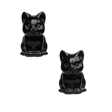 Imagem de Rockcloud Pacote com 2 estátuas de gato de cristal obsidiana preto, estatuetas de animais de gato sentado esculpidas à mão de 3,8 cm para decoração de casa