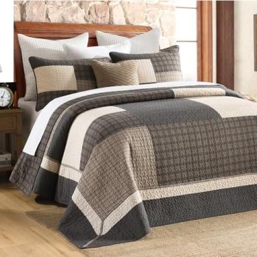 Imagem de FineStichery Colcha grande 304,8 cm x 304,8 cm, 100% algodão, conjunto de colcha king com fronhas, capa de cama leve acolchoada para casa de fazenda, 3 peças, marrom/bege/cinza