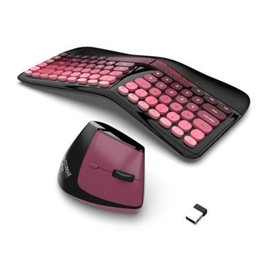 Imagem de Combo de teclado e mouse sem fio, 84 teclas redondas, fofo, colorido, rosa, teclado ergonômico e mouse com máquina de escrever retrô para PC/Mac/laptop/tablet/computador/Windows preto e rosa