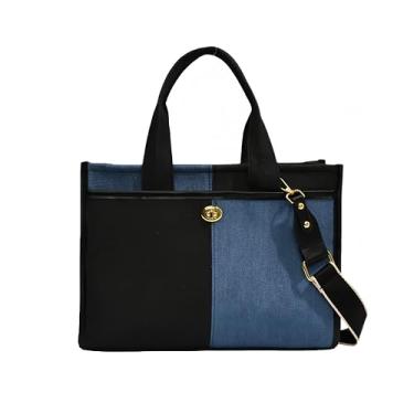 Imagem de Bolsa feminina jeans de lona, emenda de dois tons, detalhes em couro, média, Azul escuro/preto, Medium