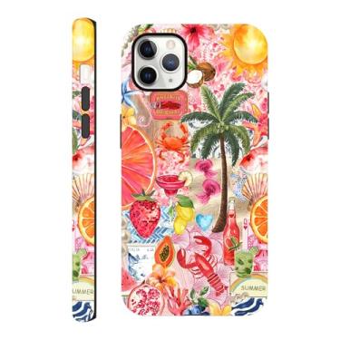 Imagem de Capa compatível com iPhone 11 Pro de 5,8 polegadas, colagem de praia de verão frutas e frutos do mar, capa de telefone de arte estética, capa rígida híbrida resistente a arranhões de 2 camadas para
