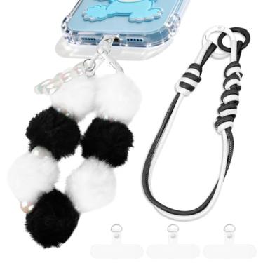 Imagem de 2 peças de alça de pulso para telefone com aba de corda, cordão de pulso duplo antiperda bola de penugem, pingentes de telefone de couro destacáveis para bolsa, chaveiros, decoração de câmera (preto +