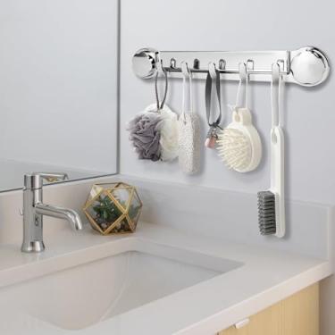 Imagem de JKOKPMG Barra de toalha com ventosa, suporte autoadesivo de bola de banho de 38 cm para banheiro, sem broca, suporte de toalha montado na parede com 5 ganchos, prateleira de armazenamento para cozinha