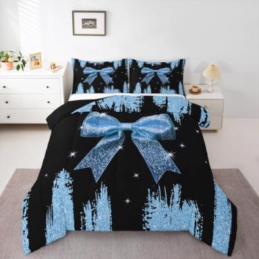 Imagem de Erosebridal Conjunto de edredom Kawaii, tamanho casal, com laço de fita brilhante, com lantejoulas, azul celeste, céu estrelado, para decoração de quarto de meninas