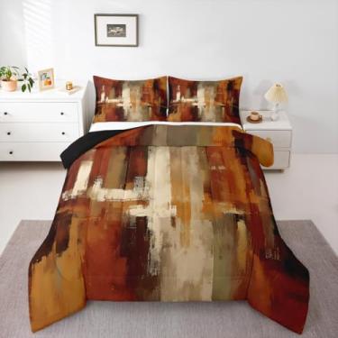 Imagem de Feelyou Conjunto de edredom King laranja queimado, arte abstrata, enferrujado, geométrico, moderno, chique, decoração de casa de fazenda, microfibra, 3 peças com 2 fronhas
