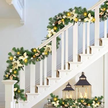 Imagem de Sggvecsy Guirlanda de Natal artificial de 1,8 m com agulhas de pinheiro, bolas de poinssetia douradas, frutas e pinhas, decoração de Natal para parede, manto de lareira interna, decoração de férias