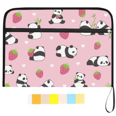 Imagem de WEBEEDY Linda pasta expansível com 13 bolsos, organizador de arquivos sanfonado de panda e morango com 12 etiquetas coloridas e zíper, organizador de documentos portátil de viagem para recibo de carta