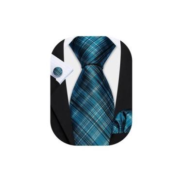 Imagem de Conjunto de gravatas Barry.Wang, listrado, azul-petróleo, seda preta, 