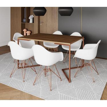 Imagem de Mesa Industrial Jantar Amêndoa 137X90Cm Base Cobre V Com 6 Poltronas Brancas Base Cobre Cobre