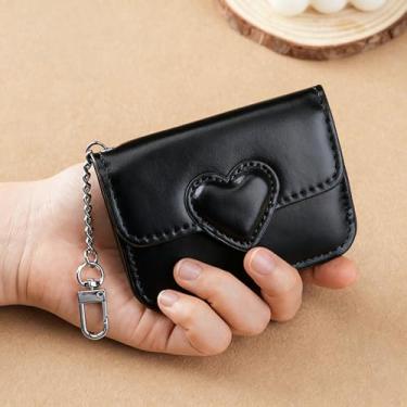 Imagem de Carteiras de couro para mulheres, carteira de coração, mini porta-moedas, bolsa de couro compacta para chaves e cartões, preta