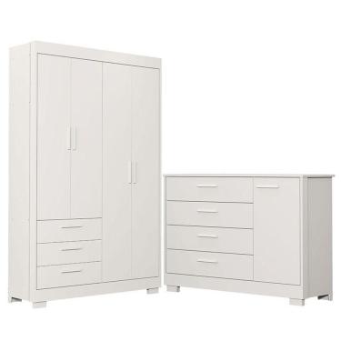Imagem de Cômoda Com Porta E Guarda Roupa 4 Portas Infantil Zaki Branco Acetinado - Reller