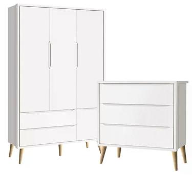 Imagem de Guarda Roupa 3 Portas E Cômoda 3 Gav Theo Branco Fosco Pés Madeira Natural - Reller Móveis Branco Fosco