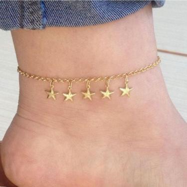 Imagem de Tornozeleira Elo Português Estrela Banhada A Ouro