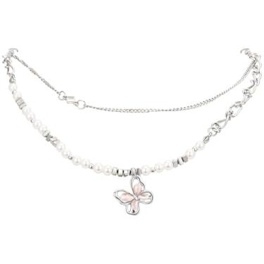 Imagem de Colar feminino de pérolas de prata de camada dupla com pingente de borboleta, comprimento ajustável, caixa de presente elegante incluída