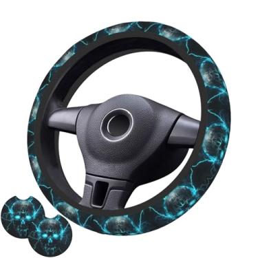 Imagem de Capa de volante Skull Lightning com 2 porta-copos de carro antiderrapante de neoprene para mulheres e homens, conjunto universal de 38 cm, elegante e prático