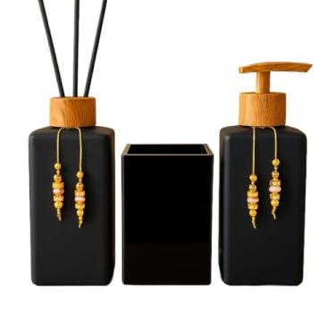 Imagem de Banheiro kit lavatório sabão líquido aroma e escova suporte quadrado vidro(Preto Fosco C/Amadeirado)