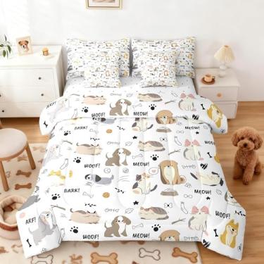 Imagem de Jogo de cama solteiro com estampa de gato e cachorro, família de animais de estimação, 7 peças, desenho animado, ossos de peixe, gato, lençol de cima, para decoração de quarto de crianças, meninos e