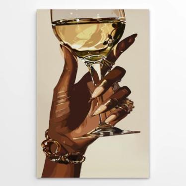 Imagem de Arte de parede feminina afro-americana em tela elegante mulher negra segurando pôsteres de taça de vinho imagens champanhe coquetéis arte moderna decoração de casa moderna para cozinha restaurante 30