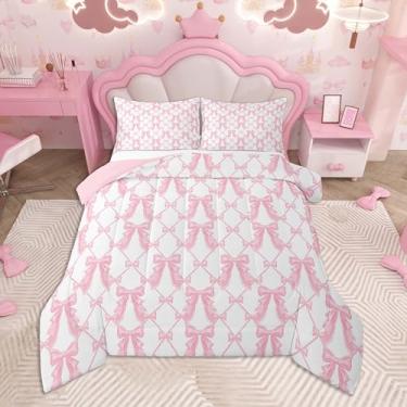 Imagem de Feelyou Conjunto de edredom com laço rosa, tamanho casal, para crianças, meninos, meninas, com laço geométrico, para decoração de quarto com 2 fronhas, microfibra