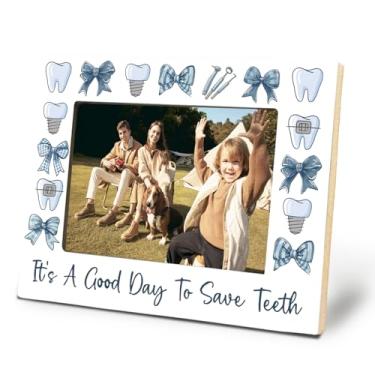 Imagem de Yomisex Porta-retrato para dentistas, 10 x 15 cm, porta-retratos para assistente de higiene dental, porta-retratos de dentista com laço rosa Coquette para decoração de mesa de mesa, parede, azul