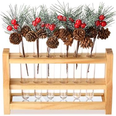 Imagem de FineCheer 13 peças de decorações de mesa de árvore de Natal, 6 tubos de ensaio de plástico transparente com rack, 6 palhetas de pinheiro artificial, galhos com baga vermelha, mesa de Natal, centro de