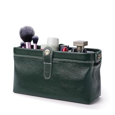 Imagem de shuainiu Bolsa de maquiagem de couro para viagem, mini caixa de maquiagem à prova d'água, pequena bolsa de armazenamento de viagem, Verde escuro