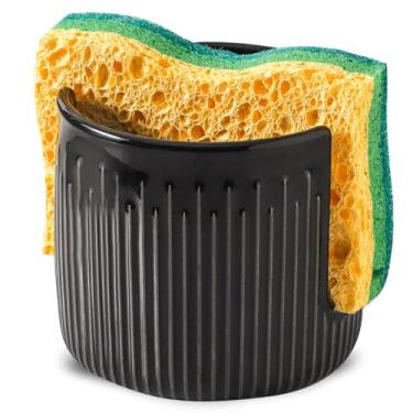 Imagem de Suporte de esponja de cerâmica para pia de cozinha, suporte de escova de prato de esponja de bancada, organizador de pia, preto