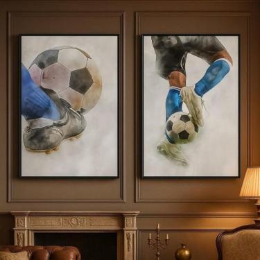 Imagem de Kit 2 Canvas Quarto Menino Futebol Aquarela- - Quadros On-Line