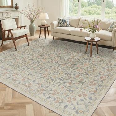 Imagem de GENIMO Tapete lavável de 20 x 25 cm, tapete floral boho vintage antiderrapante, tapete macio e fino para sala de estar, quarto, sala de jantar, berçário, bege azul