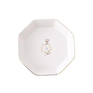 Imagem de Série polígono de 20 cm com borda dourada e estampa de flor roxa design octogonal de cerâmica salada/massa/frutas/aperitivos/pratos de sobremesa, pratos de jantar de Natal - pratos de jantar brancos