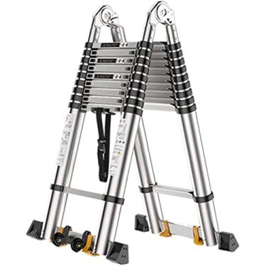 Imagem de OKUOKA Escada compacta de extensão de escada telescópica com barra estabilizadora e roda auxiliar, escada telescópica leve tipo A 2 em 1 multiuso para sótão, telhados, edifícios altos (Si