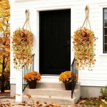 Imagem de NASAMA 2 peças de flores artificiais de seda resistente a raios UV, margaridas realistas, varanda, pátio, vitrine, loja, decoração de jardim, roupa de festival (verde, laranja, marrom)