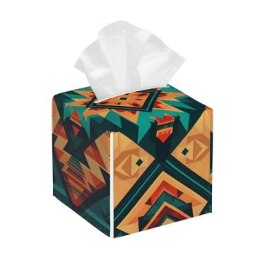 Imagem de Porta-lenços de papel quadrado de couro impermeável étnico asteca boêmio retrô facial organizador de papel com cinto inferior cubo estojo de lenços para mesa, banheiro, escritório, mesa, carro