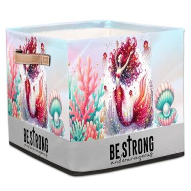 Imagem de hongjinglin Cestas dobráveis de armazenamento em cubos, lindas sereias, caixas dobráveis fofas, brinquedo infantil com alças, organizador de tecido, cesto organizador para berçário, sala de estar