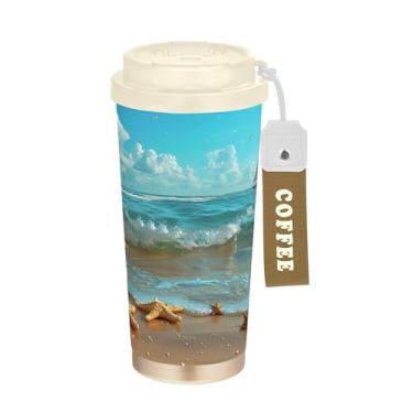Imagem de SEHANY Caneca de viagem Summer Sea Beach Starfish 482 g Copos de café reutilizáveis revestidos de cerâmica com tampa à prova de vazamento, parede dupla, isolamento a vácuo, copo de café de aço