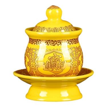 Imagem de FENNYYAR Copo de água Buda com oferta doméstica, 9,5 cm 9,4 cm, copo de água sagrada Deus da Riqueza de cerâmica