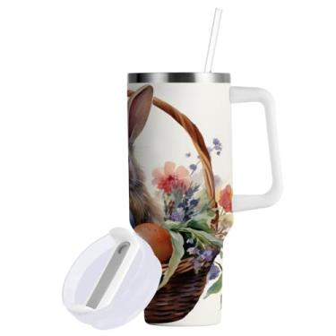 Imagem de Blueangle Copo de coelho da Páscoa de 850 g com alça e tampa de palha, copo isolado, reutilizável, garrafa de água de aço inoxidável, caneca de viagem (60)