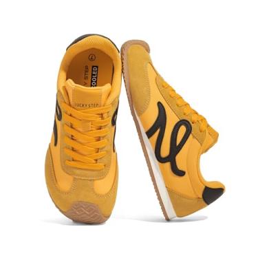 Imagem de LUCKY STEP Tênis feminino retrô moderno clássico casual sola fina bonito confortável couro genuíno tênis leve moderno tênis de caminhada, Amarelo/preto, 38