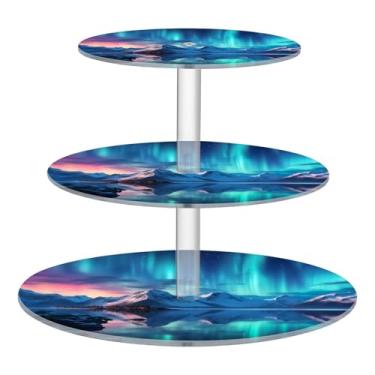 Imagem de Blueangle Suporte redondo de cupcake de 3 camadas – Torre de sobremesa de acrílico Aurora Boreal de inverno, suporte de sobremesa em camadas antiderrapante para chá de bebê, aniversário, festa de